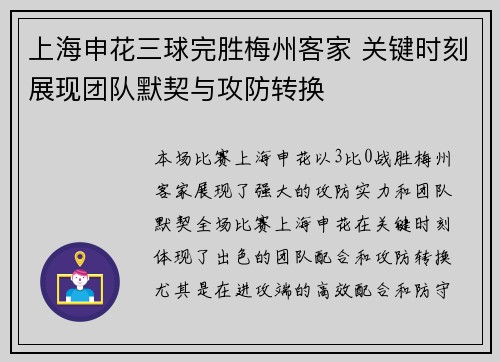 上海申花三球完胜梅州客家 关键时刻展现团队默契与攻防转换
