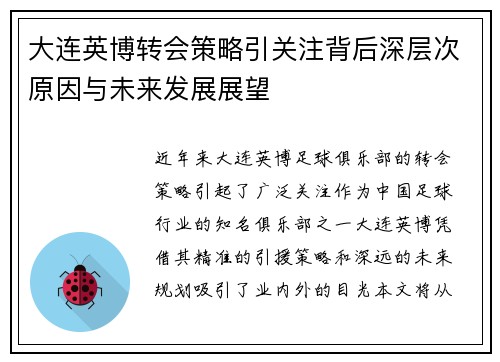 大连英博转会策略引关注背后深层次原因与未来发展展望